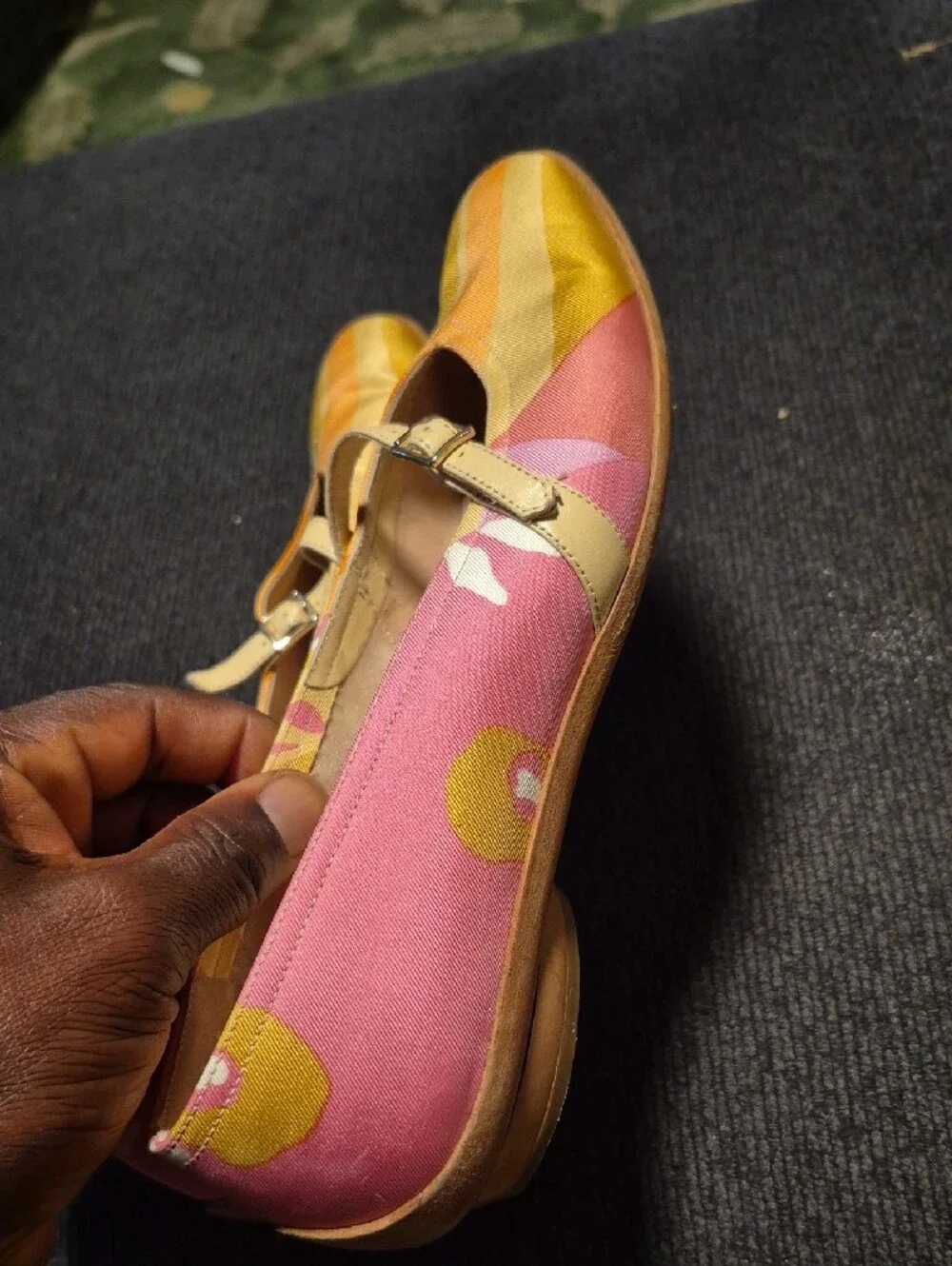 Salvatore Ferragamo Pink, Yellow & Orange Patterned Mary Jane Flats